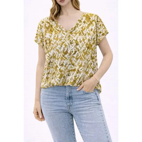 PENDLETON | Yellow Ikat Petite Linen V-Neck Top Boho Summer | Large - Picture 2 of 8